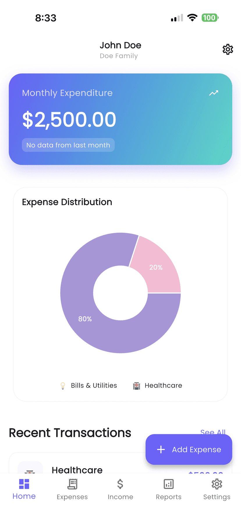 FamilyFlux home dashboard showing monthly expenditure of $2,500, expense distribution pie chart, and recent transactions